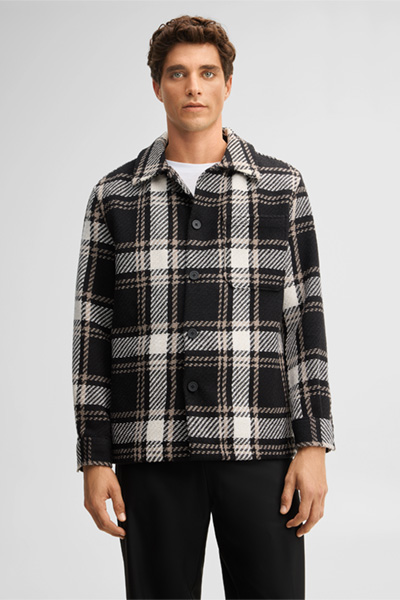 Leads to product detail page "Cotton-blend shirt jacket, black checked"