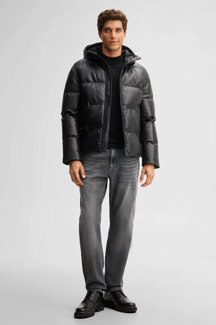 Leads to product detail page "Padded leather jacket, black"
