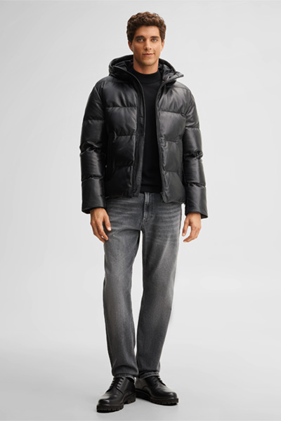 Leads to product detail page "Padded leather jacket, black"