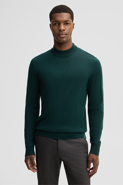 Leads to product detail page "Virgin wool jumper with stand-up collar, petrol"