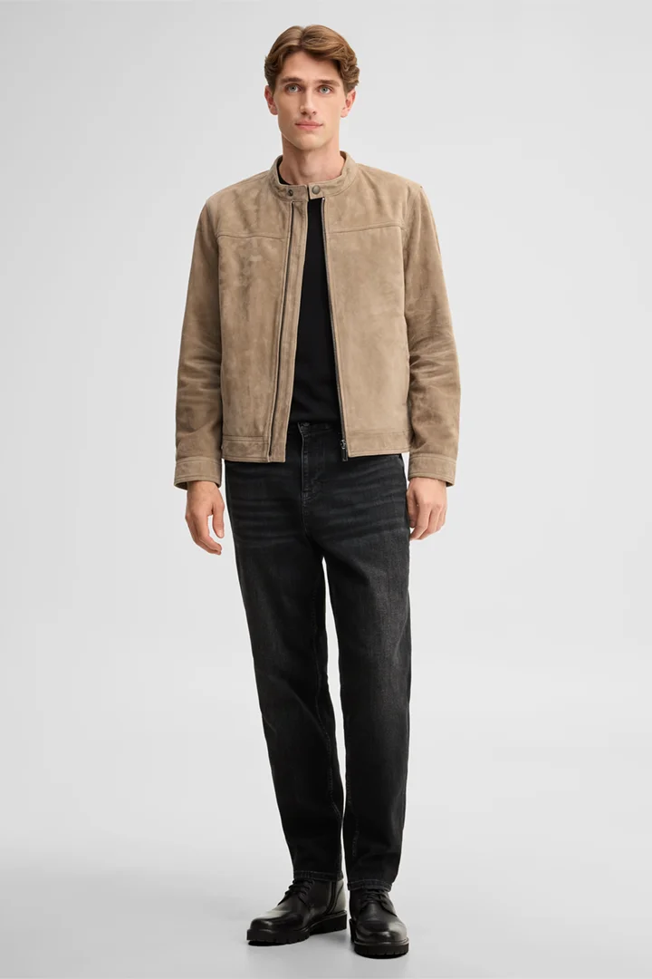 Führt zu Produktdetailseite „Velourslederjacke im Biker-Stil, beige"