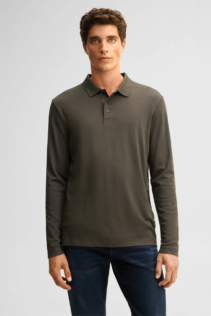 Führt zu Produktdetailseite „Langarm-Polo-Shirt, oliv"