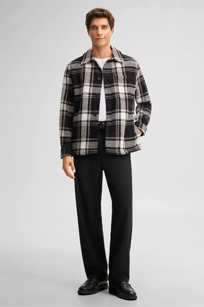 Leads to product detail page "Cotton-blend shirt jacket, black checked"