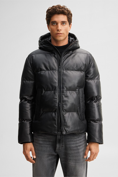 Leads to product detail page "Padded leather jacket, black"
