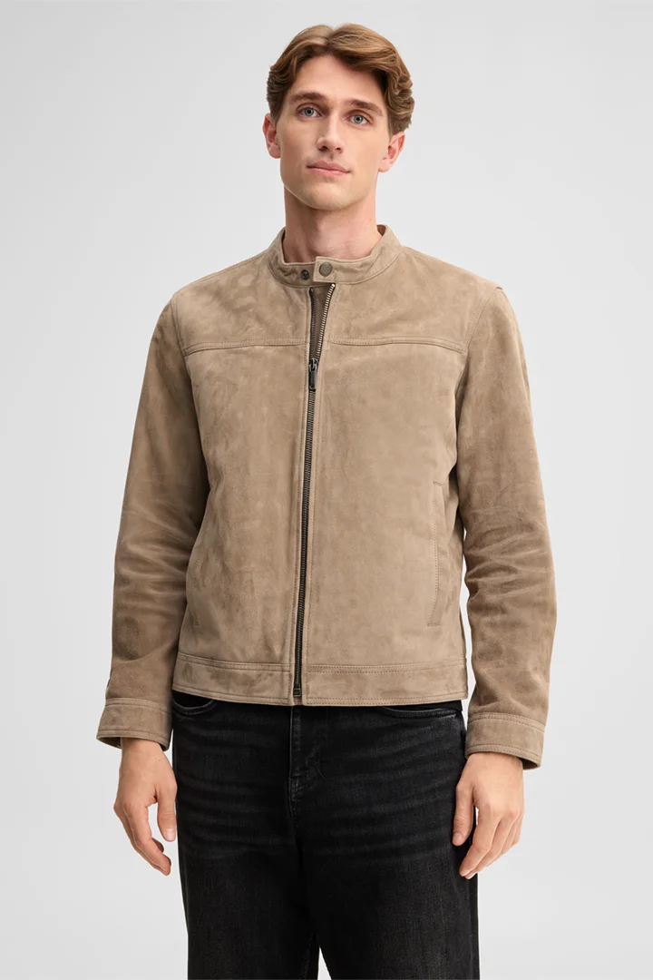 Führt zu Produktdetailseite „Velourslederjacke im Biker-Stil, beige"