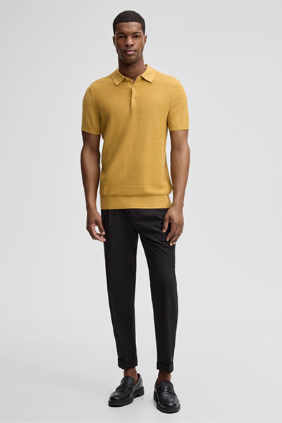 Adrian Knitted Polo Shirt in Textured Mustard Yellow