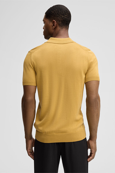 Adrian Knitted Polo Shirt in Textured Mustard Yellow