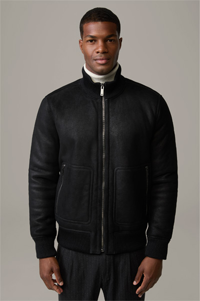 Blouson en cuir et fourrure d'agneau Surrey, noir