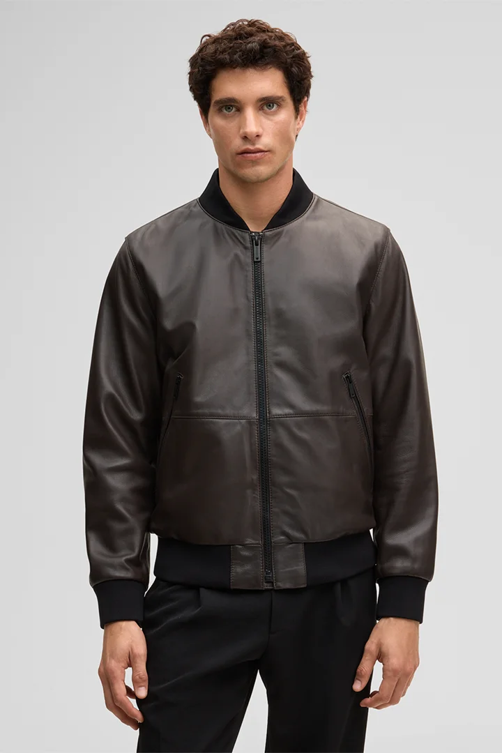 Leads to product detail page "Boston leather jacket, dark brown"