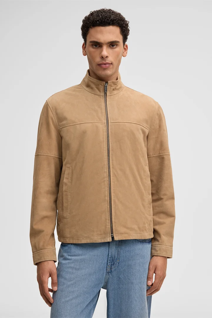 Leads to product detail page "Jimmy leather jacket, brown"