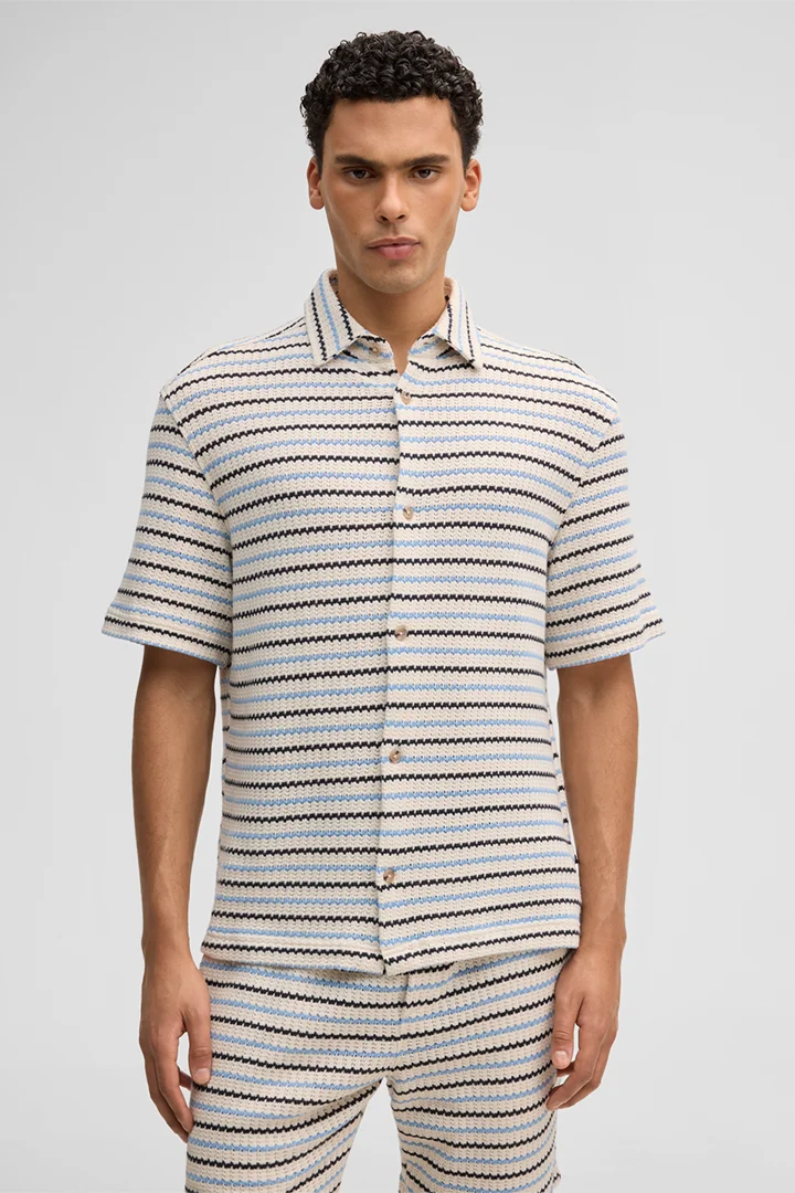 Führt zu Produktdetailseite „Kurzarm-Hemd Colin, offwhite/blau gestreift"