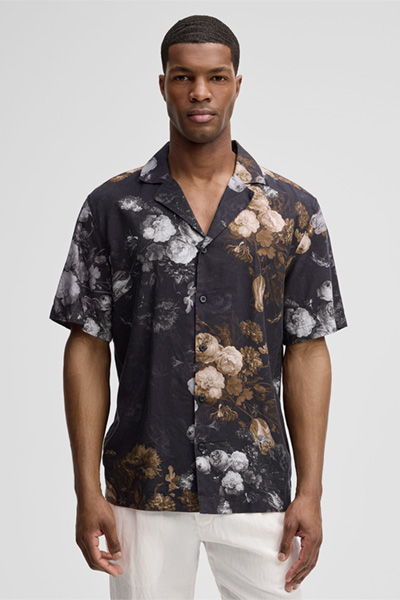 Kurzarm-Hemd Clint, schwarz/senfgelb floral