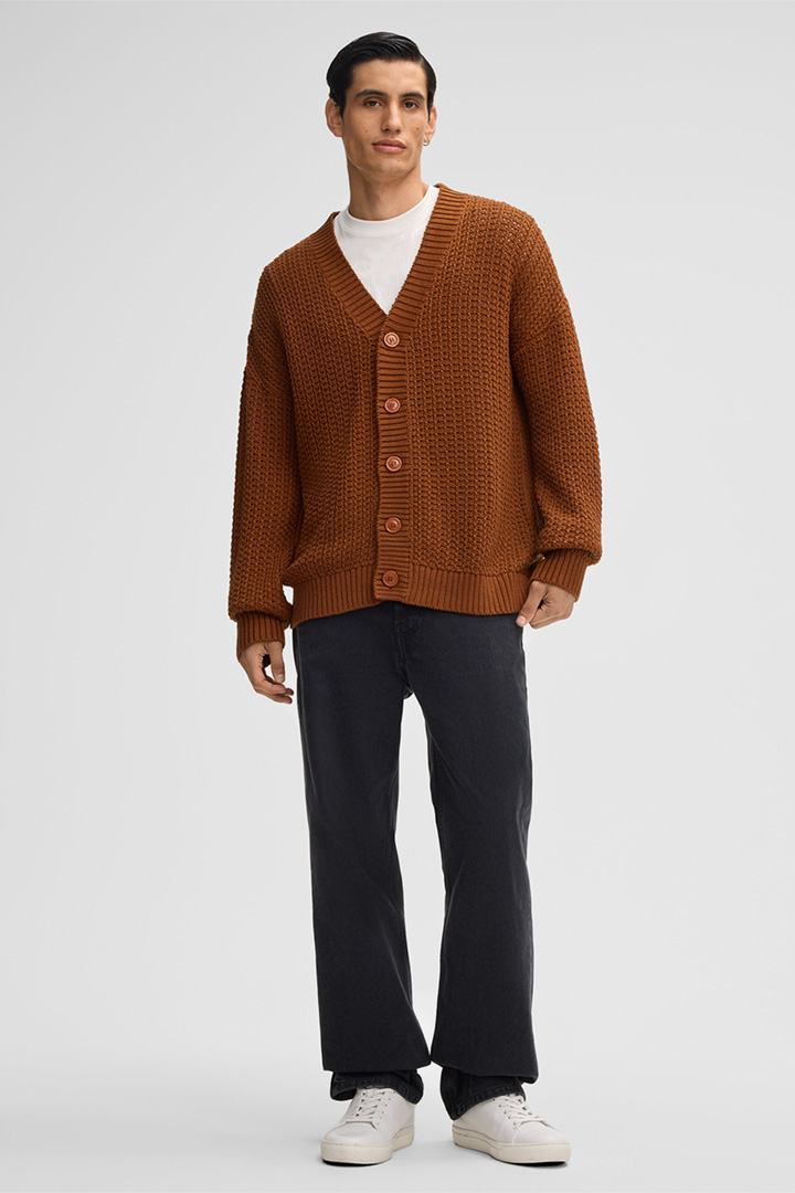 Leads to product detail page "Cruz Knitted Jacket in Rust Brown"