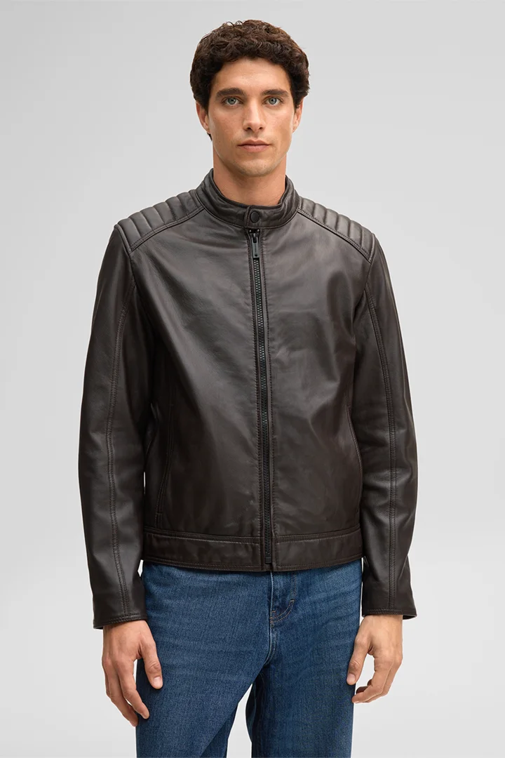 Leads to product detail page "Piers leather jacket, dark brown"