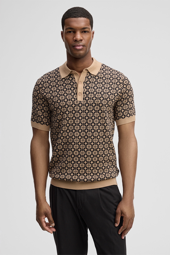 Führt zu Produktdetailseite „Strick-Poloshirt Adrian, braun/beige gemustert"