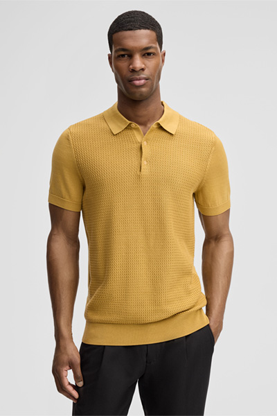 Adrian Knitted Polo Shirt in Textured Mustard Yellow
