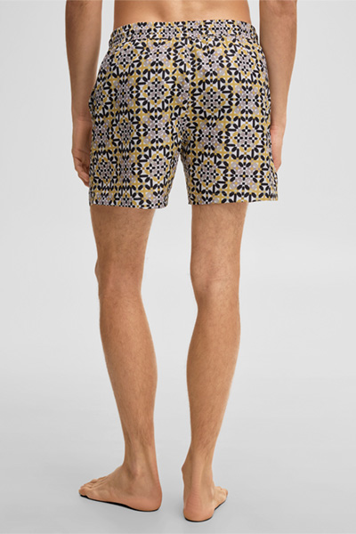 Leads to product detail page "Lago Swimming Shorts in a Mustard Yellow Pattern"