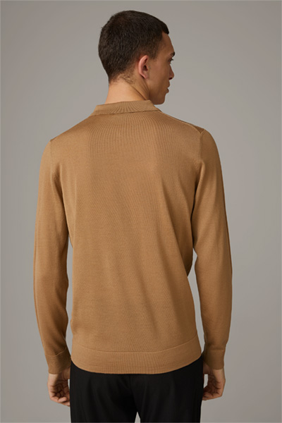 T-shirt à manches longues zippé en laine vierge, camel