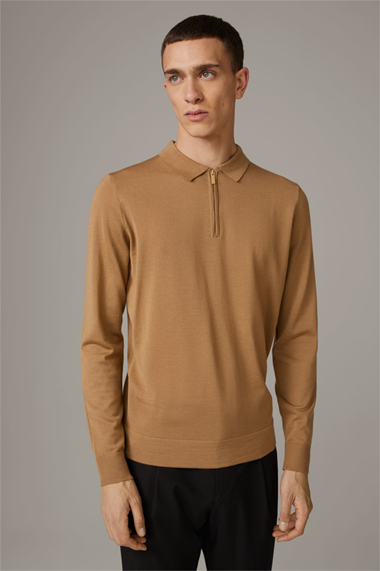 T-shirt à manches longues zippé en laine vierge, camel