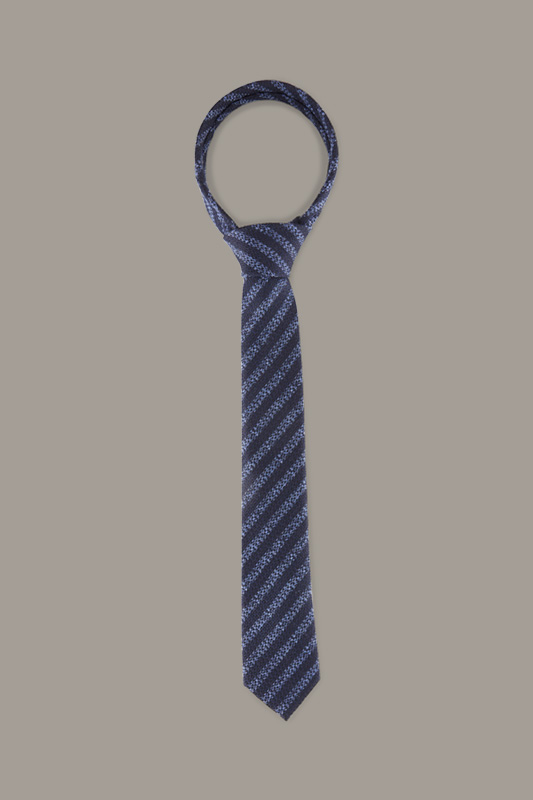 Cravate en laine et soie, rayée de bleu et de noir
