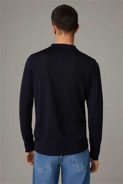 Tee-shirt à manches longues zippé en laine vierge, bleu foncé